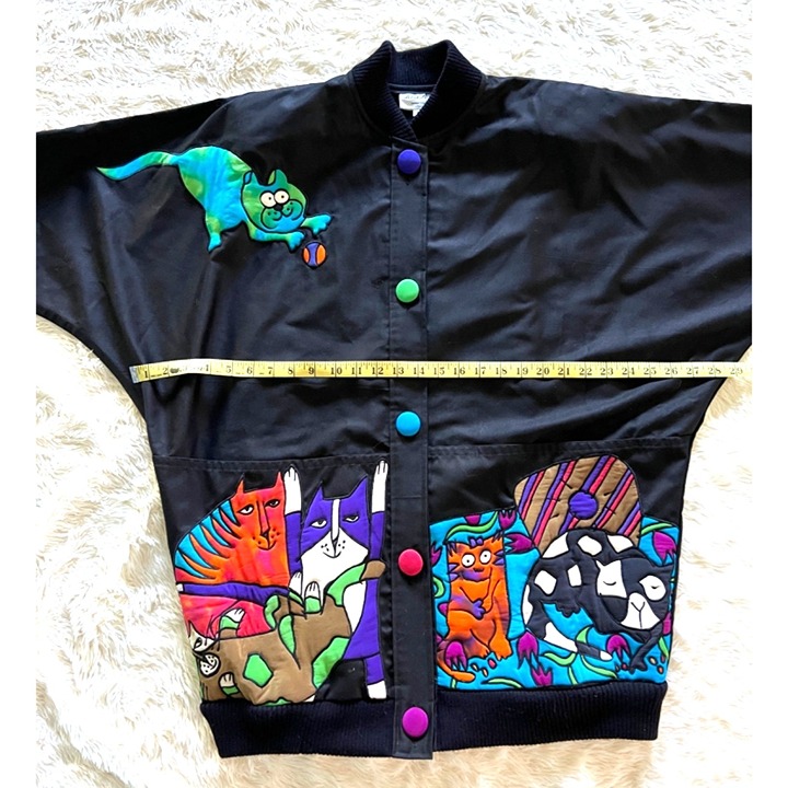 Vintage 80s Black Silkscapes Batwing Jacket Lady Kitten Avant Garde Retro Colorf