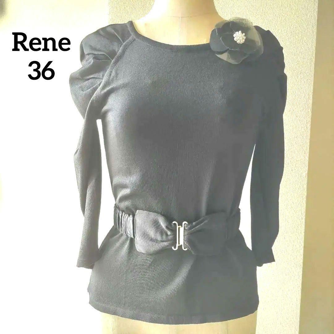 Rene New Unused Black Peaks Knit Puff Sleeve Ribbon Belt 36 Size
