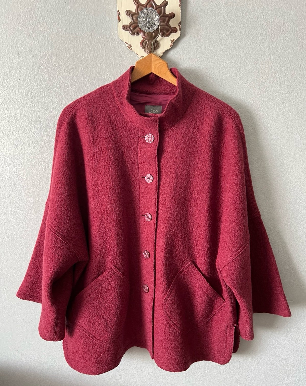 J. Jill 100% Wool Coat Kimono Sleeves Merlot Button-down Size S Fit To Xl NWOT