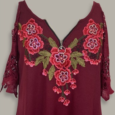 Merlot: BEB Queen Floral Embroidery Rhinestone Lace Top