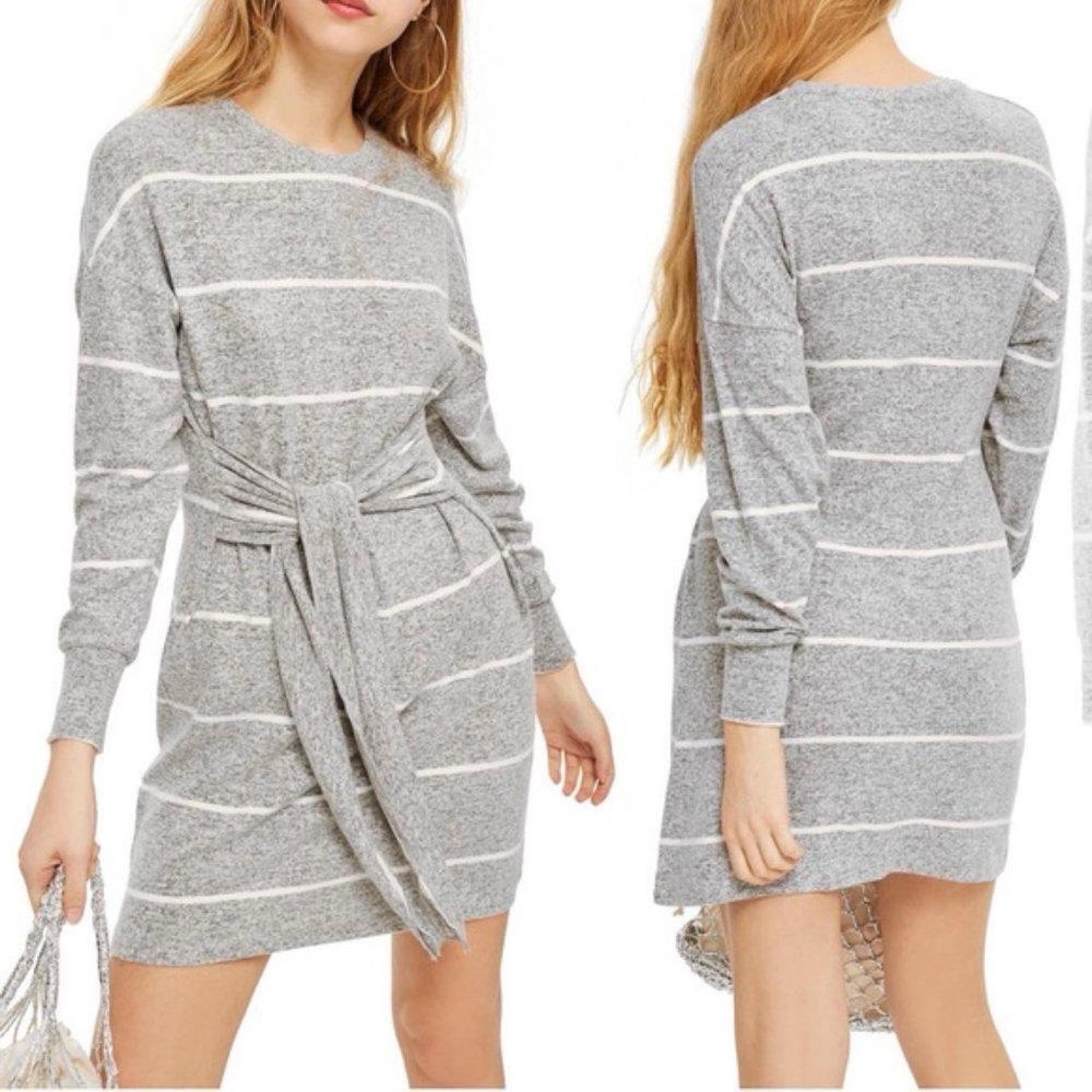 Topshop Knit Dress 10 Heather Gray White Striped Front Tie Long Sleeve Oversized