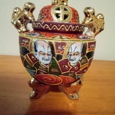 Antique Satsuma Incense Burner Hand Painted Moriage w/Gold Foo Dogs Handles