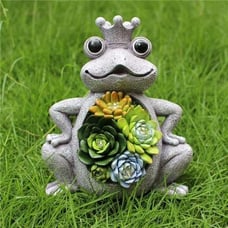 Solar Garden Statue, Resin Frog Ornament with Succulent and 4 LED Lights