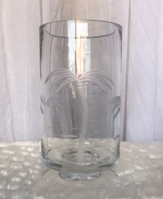 Vintage Clear Crystal Etched Palm Trees Glass Vase