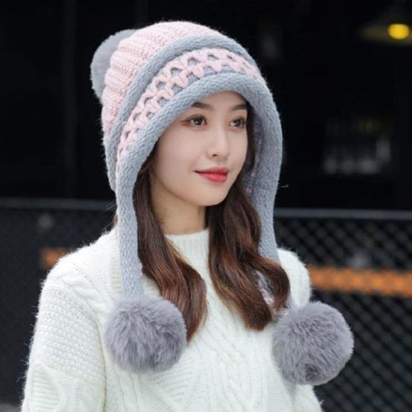 Gray & Pink Pompom Cable Knit Peruvian Beanie Hat Slouchy Winter Trapper Hat