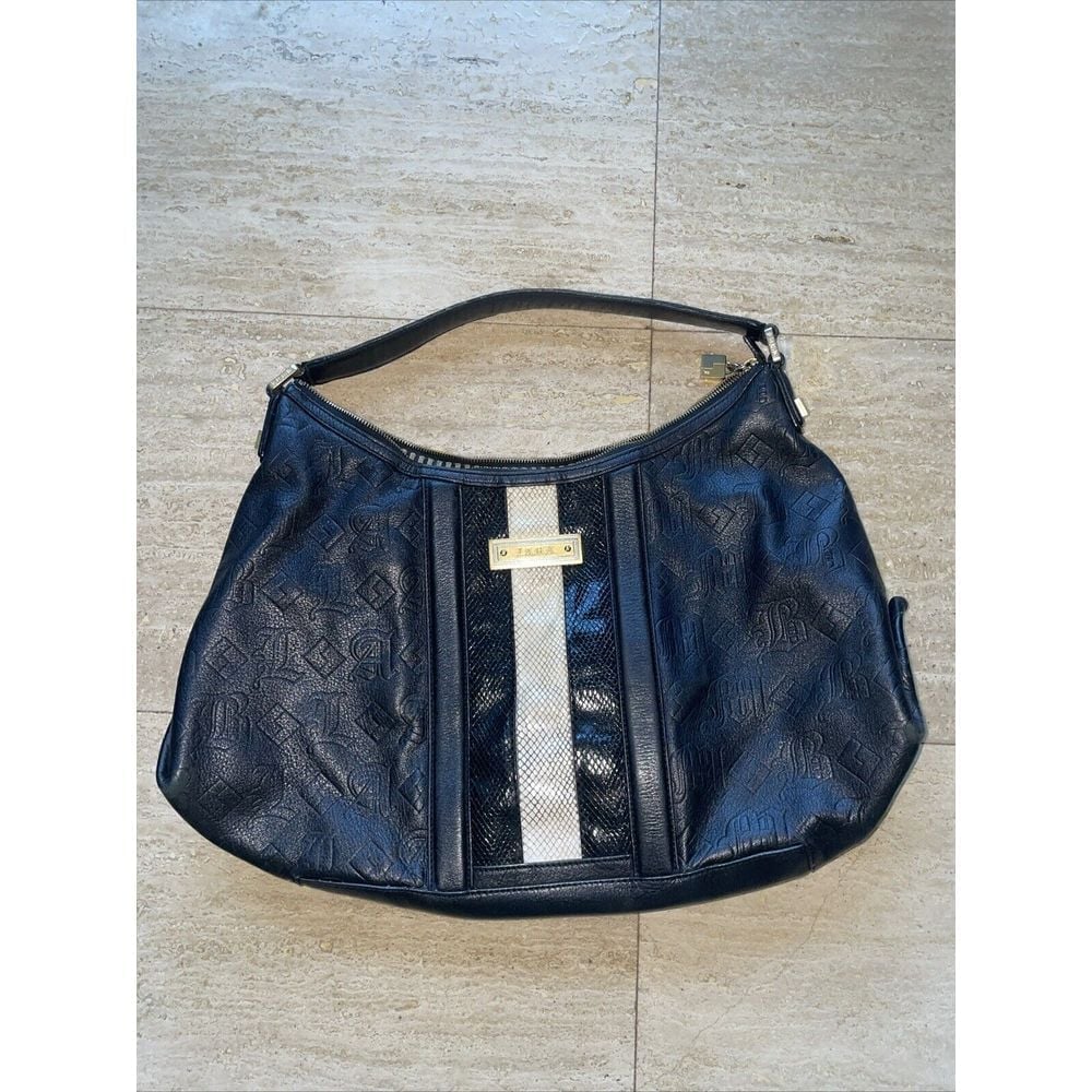 L.A.M.B. Black Leather Stripe Snakeskin Detail Zipper Large Hobo Shoulder Bag