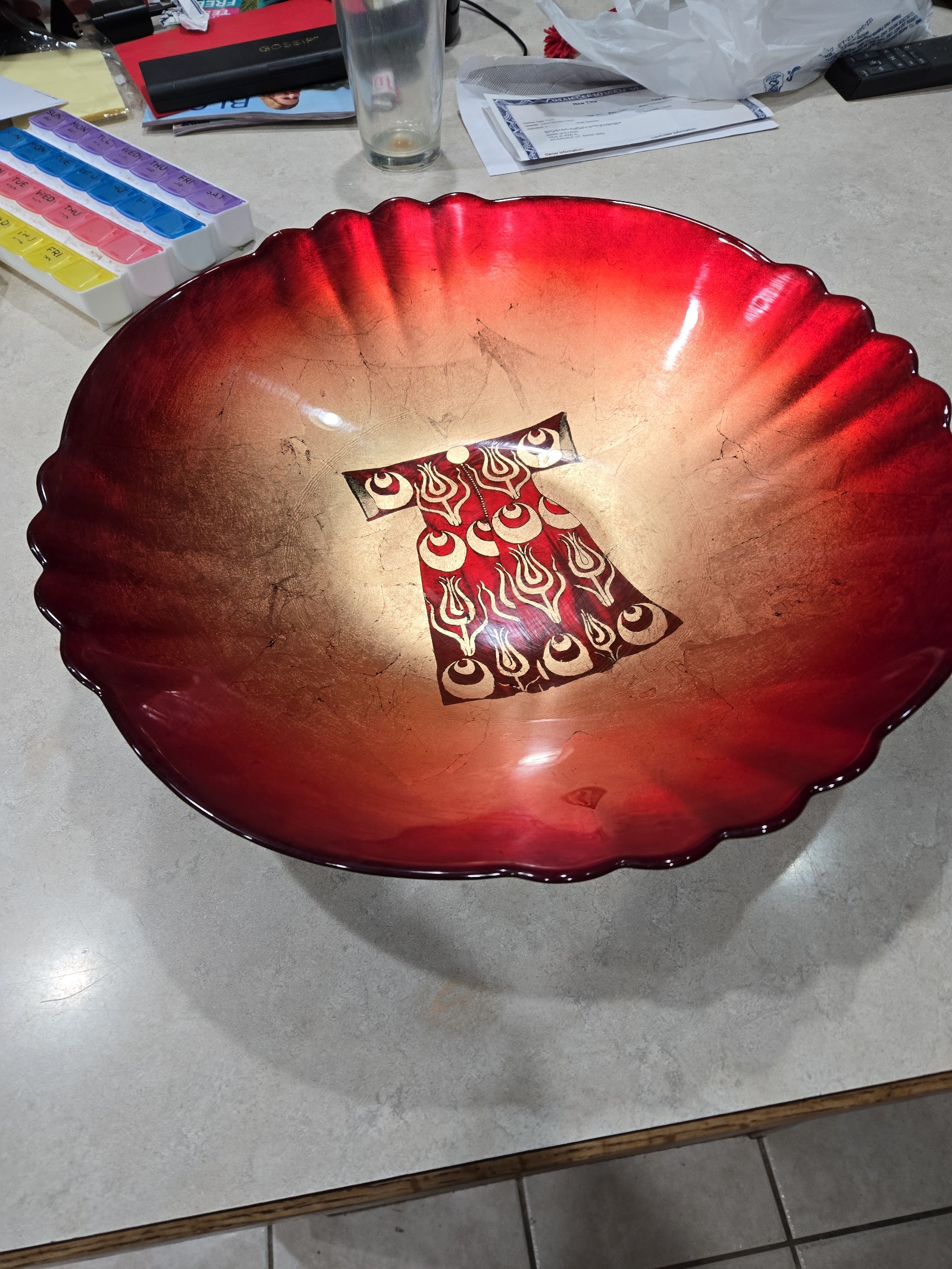 AKCAM TURKISH GLASS GLITTER RED Dress Rare Lg Service Platter. 16 x 3-1/2
