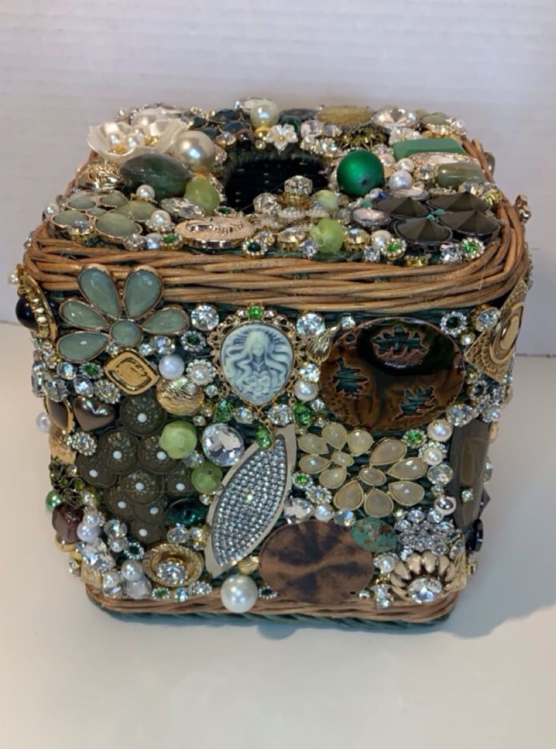 Vintage jewelry Rhinestone encrusted wicker Tissue holder