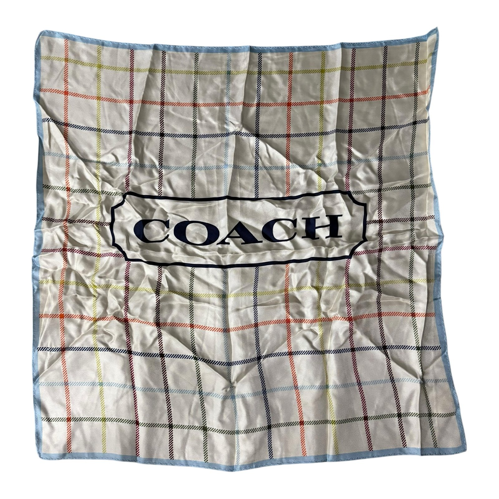 Coach Square 100% Silk Plaid Scarf In White 21 As Is