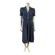 1950s JJ's Dress Co Navy Polka Dot Button-Front Day Dress - Med/Large