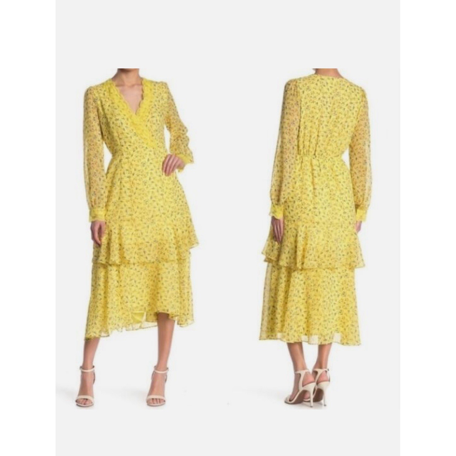 NWT Melloday Yellow Floral Ruffle Tiered Midi Dress Size L Lace Trim V Neck
