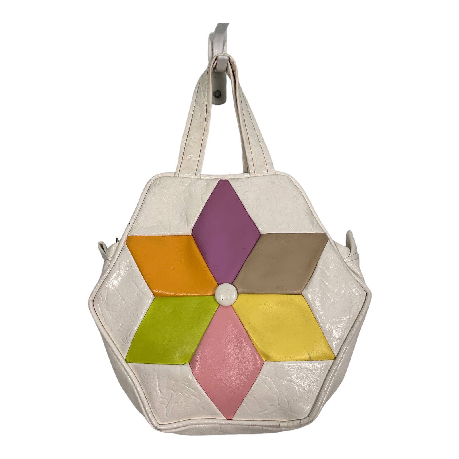 Vintage 60s 70s White Faux Leather Bowler Bag Pinwheel Starburst Multicolor