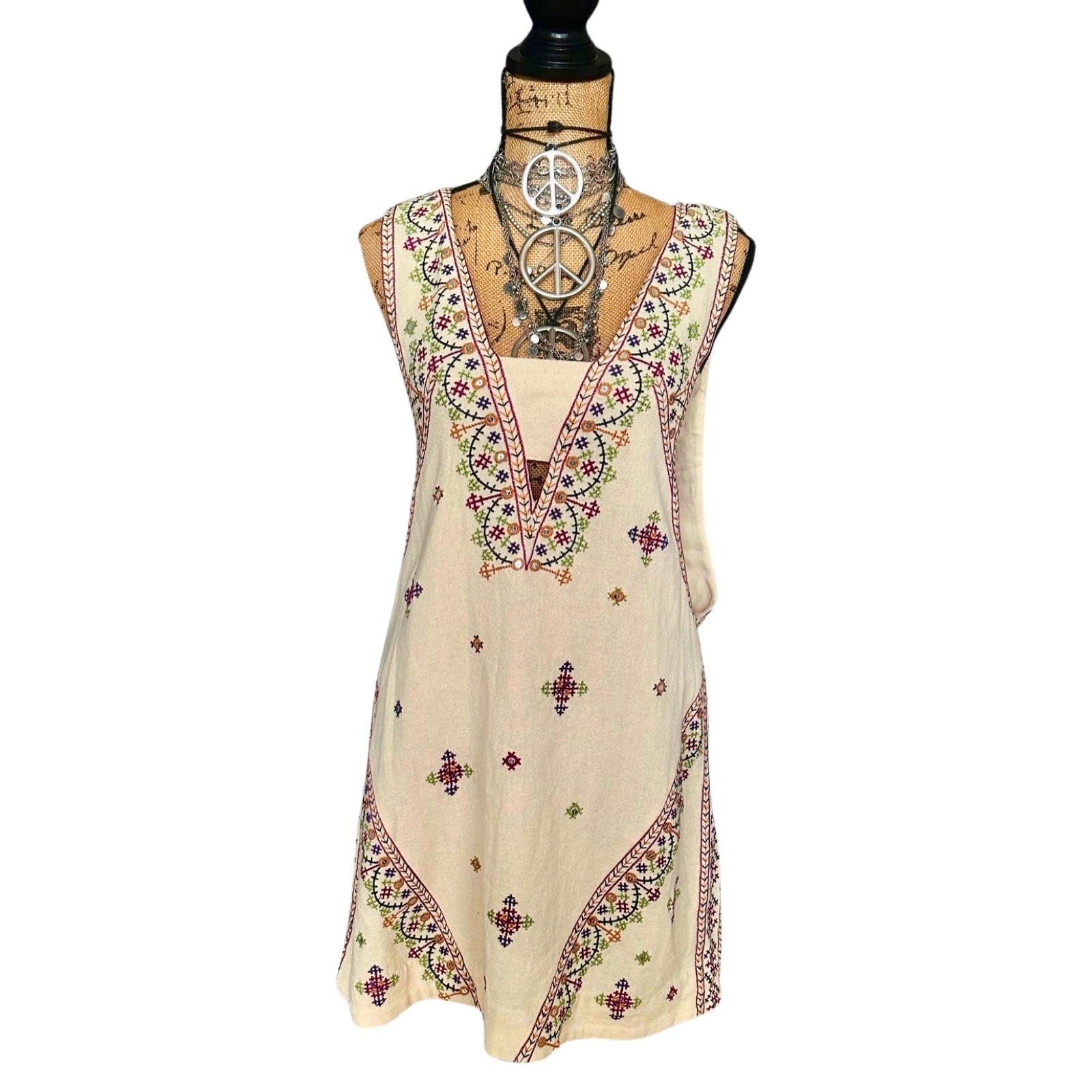 Free People Never Been Beige Embroidered Mini Dress - SIZE LARGE