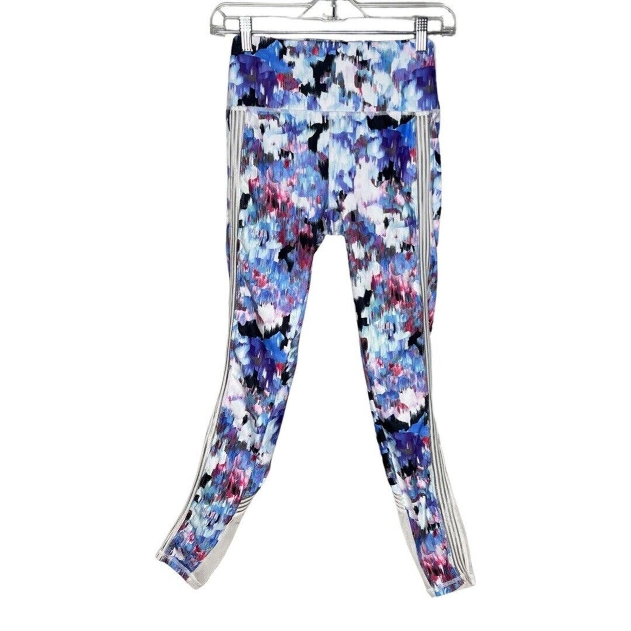 Fabletics Pants Womens XS Blue Pink Watercolor Leggings Sheer Mesh Athleisure