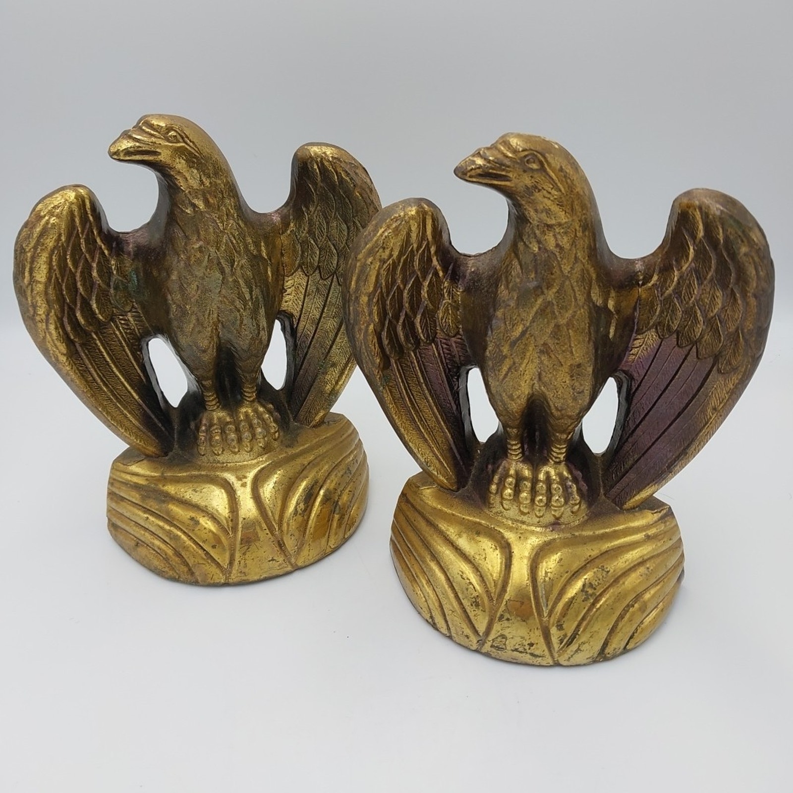 Pair of 2 Vintage MCM Brass Bald EAGLE Bird Bookends - 7.5 tall