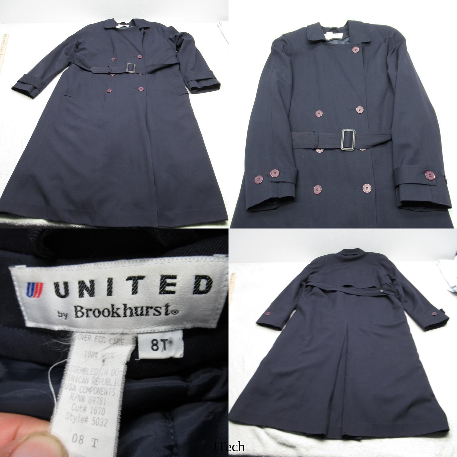 VTG United Brookhurst Wool Jacket Women 8 Tall Blue Belted Double Breast Coat