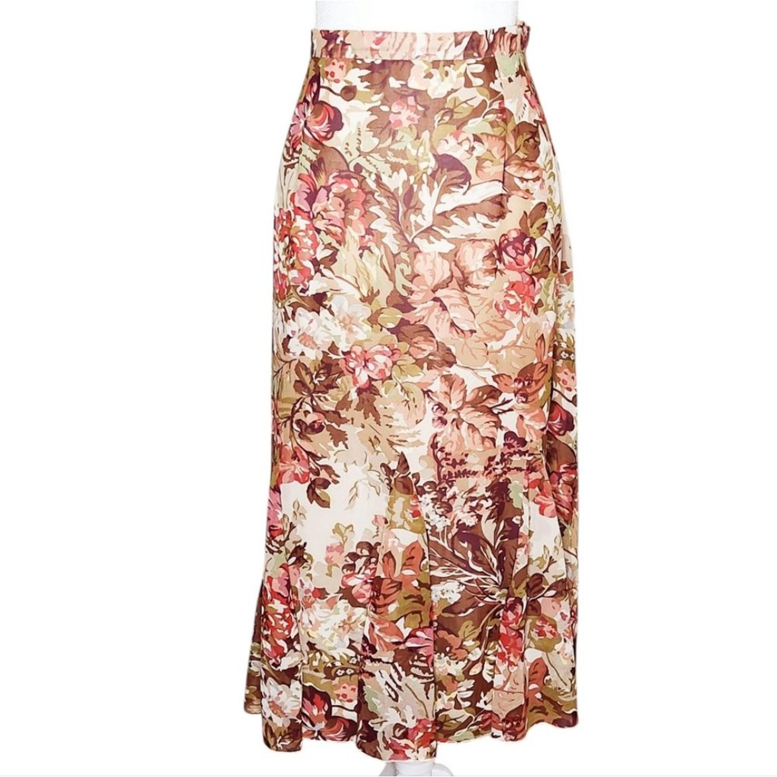 Coldwater Creek Chiffon Godet Midi Skirt Brown Tan Pink Floral Print Women's S