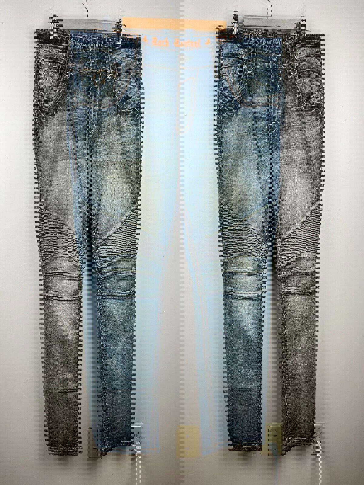 Rock Revival Kayman Biker Distressed Denim Tapered Mens Jeans Size 38x34