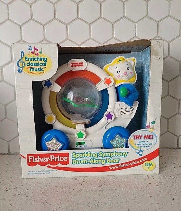 New VTG Fisher Price #71696 Sparkling Symphony Drum Along Bear 2001 Lights Music
