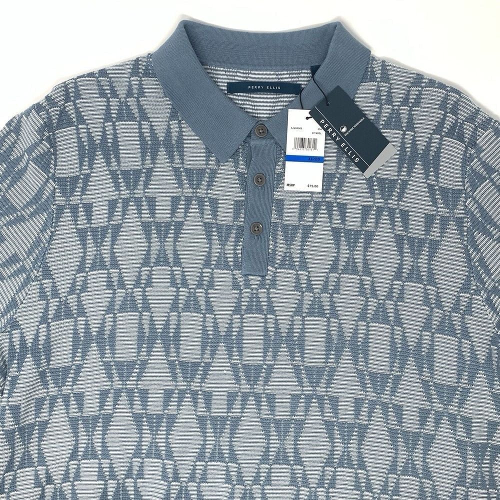 Perry Ellis Citadel Blue Mens Short Sleeve Collared Pullover Sweater Size XL