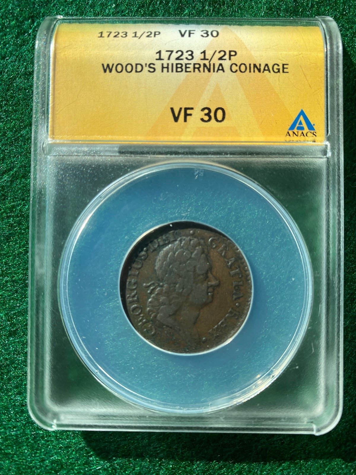 Wood's Hibernia 1723 1/2 Penny ANACS VF30