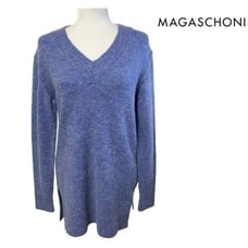MAGASCHONI Small Oversized Alpaca Wool Blend Blue V-neck Sweater