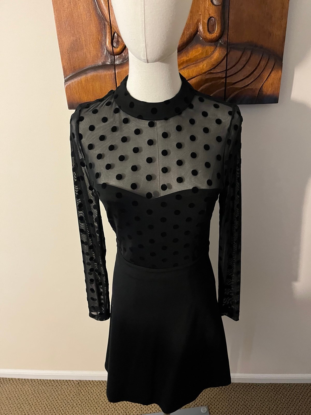 French connection mesh polkadot black dress
