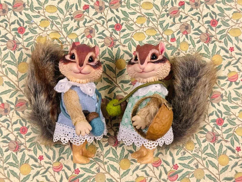 Little chipmunk wearing floral dress, Art Toy, Ooak doll