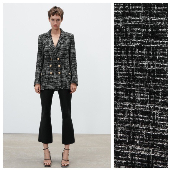 NWOT. Zara Black/White Wool Blend Double Breasted Textured Weave Blazer Size XS.