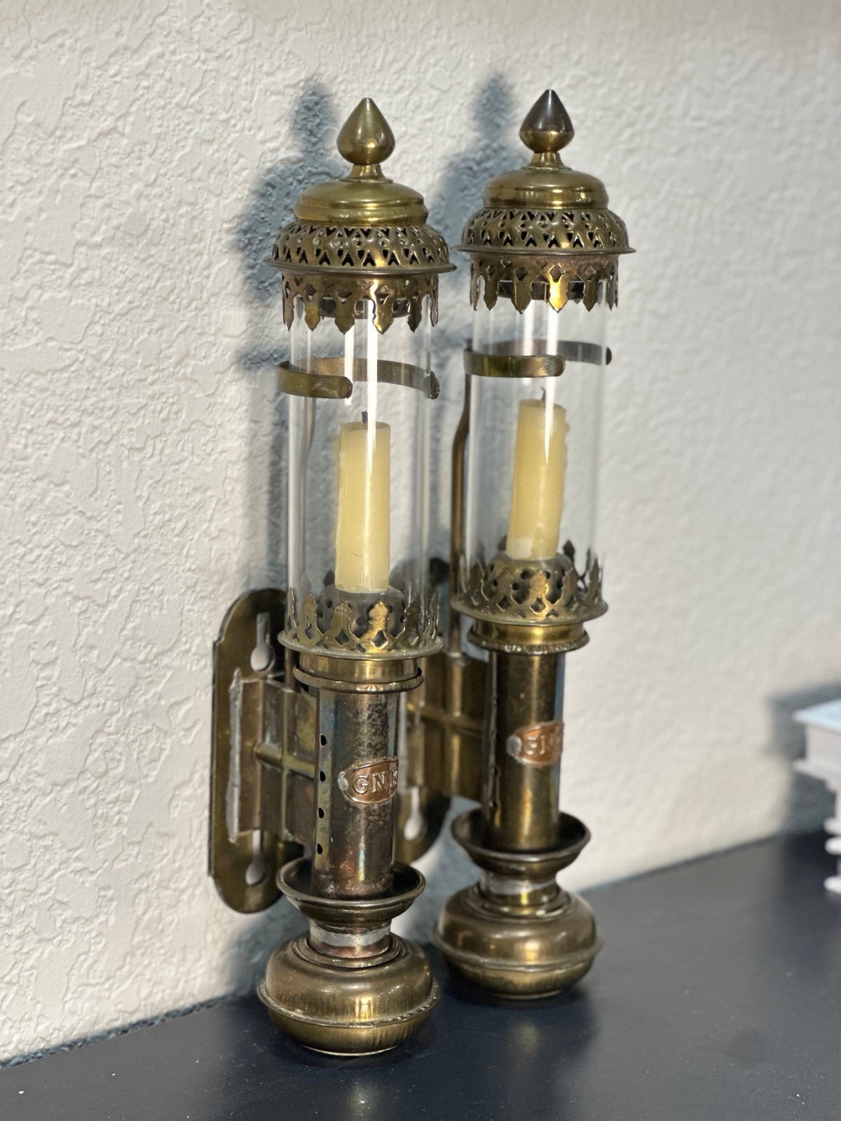 Vintage GNR Brass & Glass Railway Train Carriage Wall Sconces