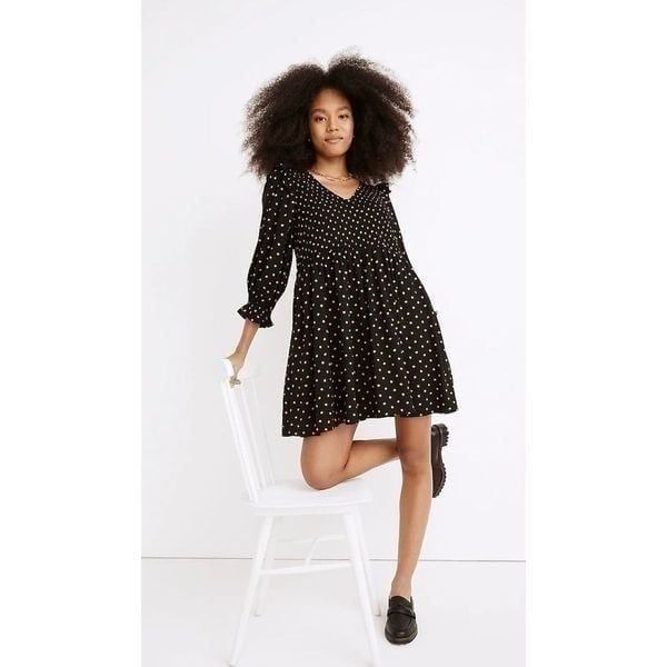 Madewell Black Gold Lucie V-Neck Smocked Mini Oval Dot Women’s Baby Doll Grunge