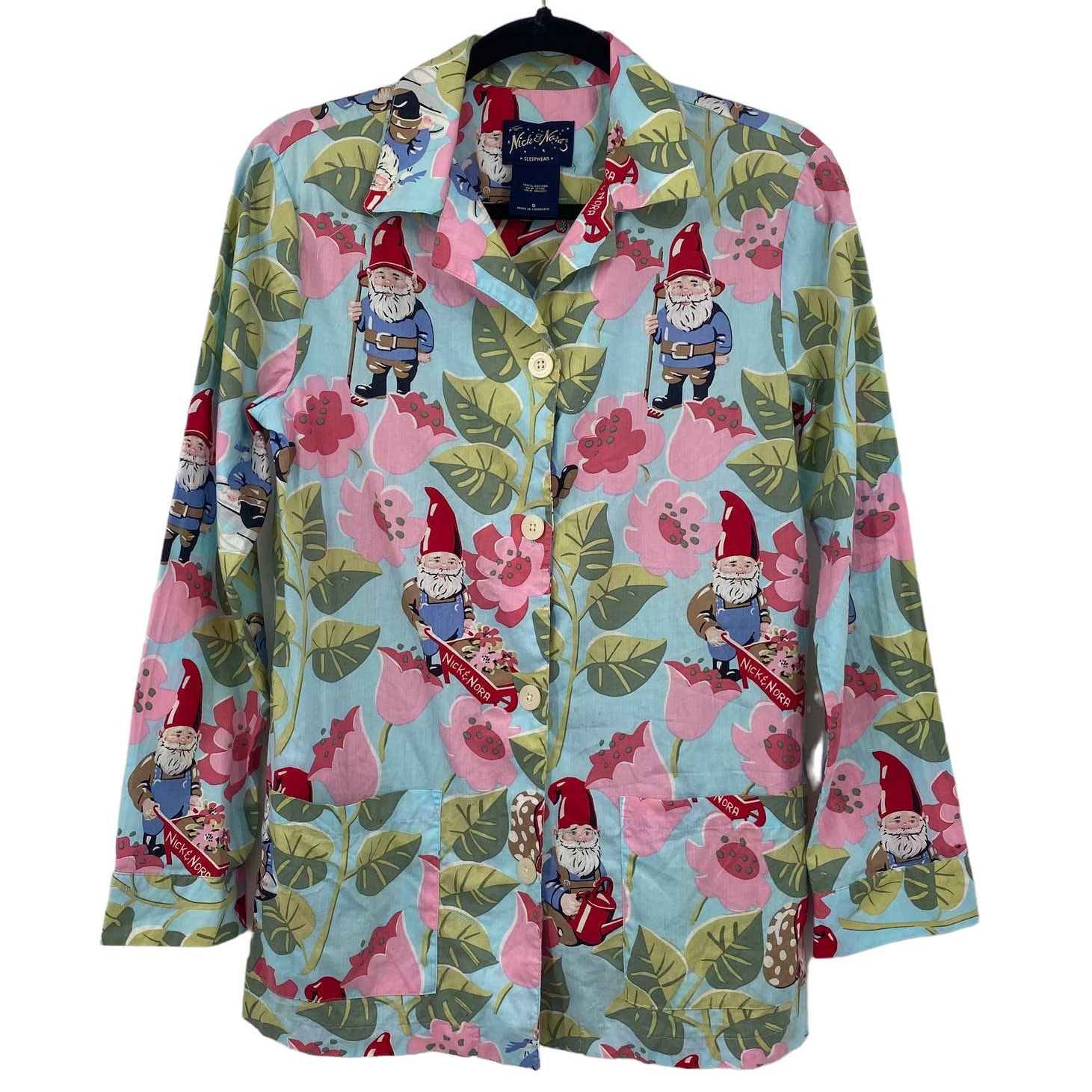 Nick & Nora Pajama Top Button Front Garden Gnome Floral Print Blue Womens Small