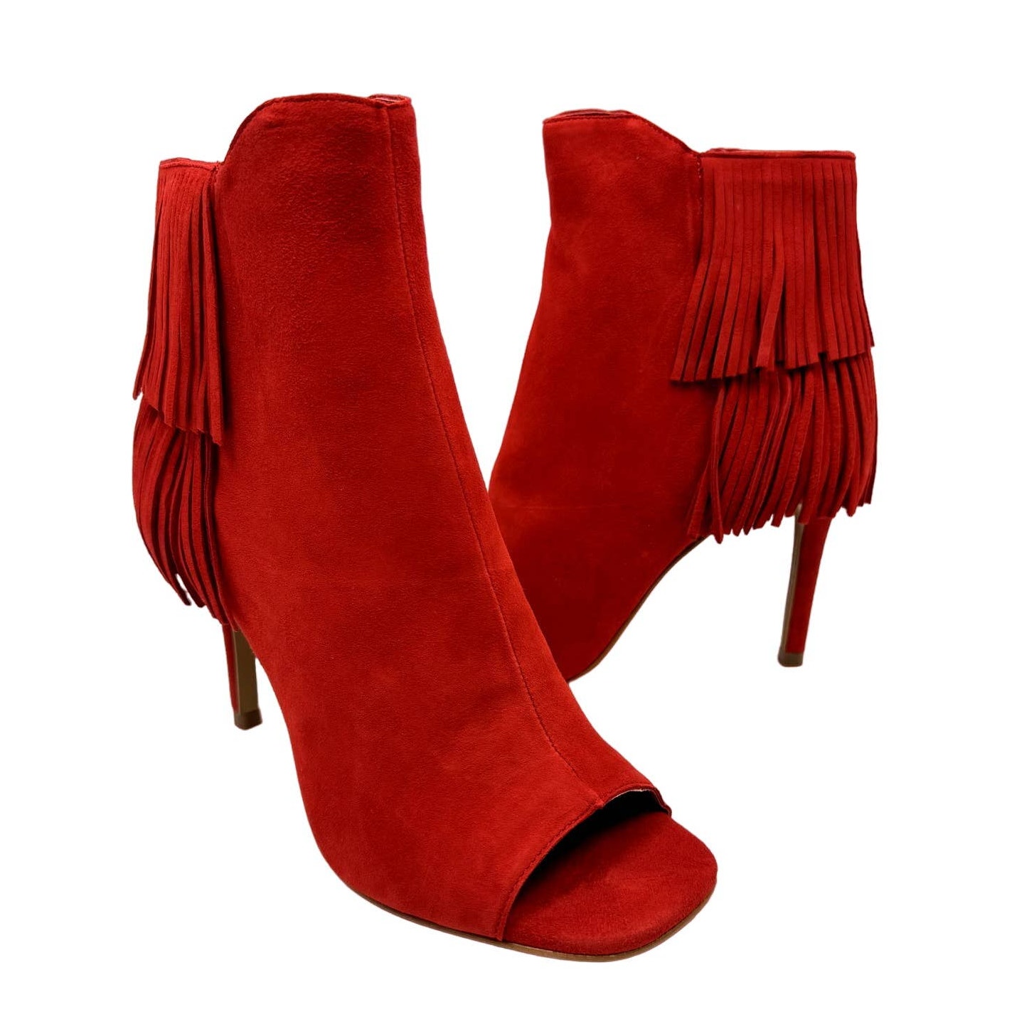 NEW Vince Camuto Amenala Bright Red Faux Suede Western Fringe Peep Toe Bootie