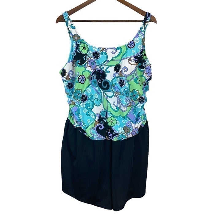 Amoena Skirted Swimsuit 24 One Piece Floral Multicolor Padded Bust Swim Plus New