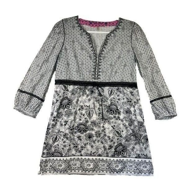 Robert Graham Shirtdress Lined Black White Floral Print 100% Cotton Size Medium