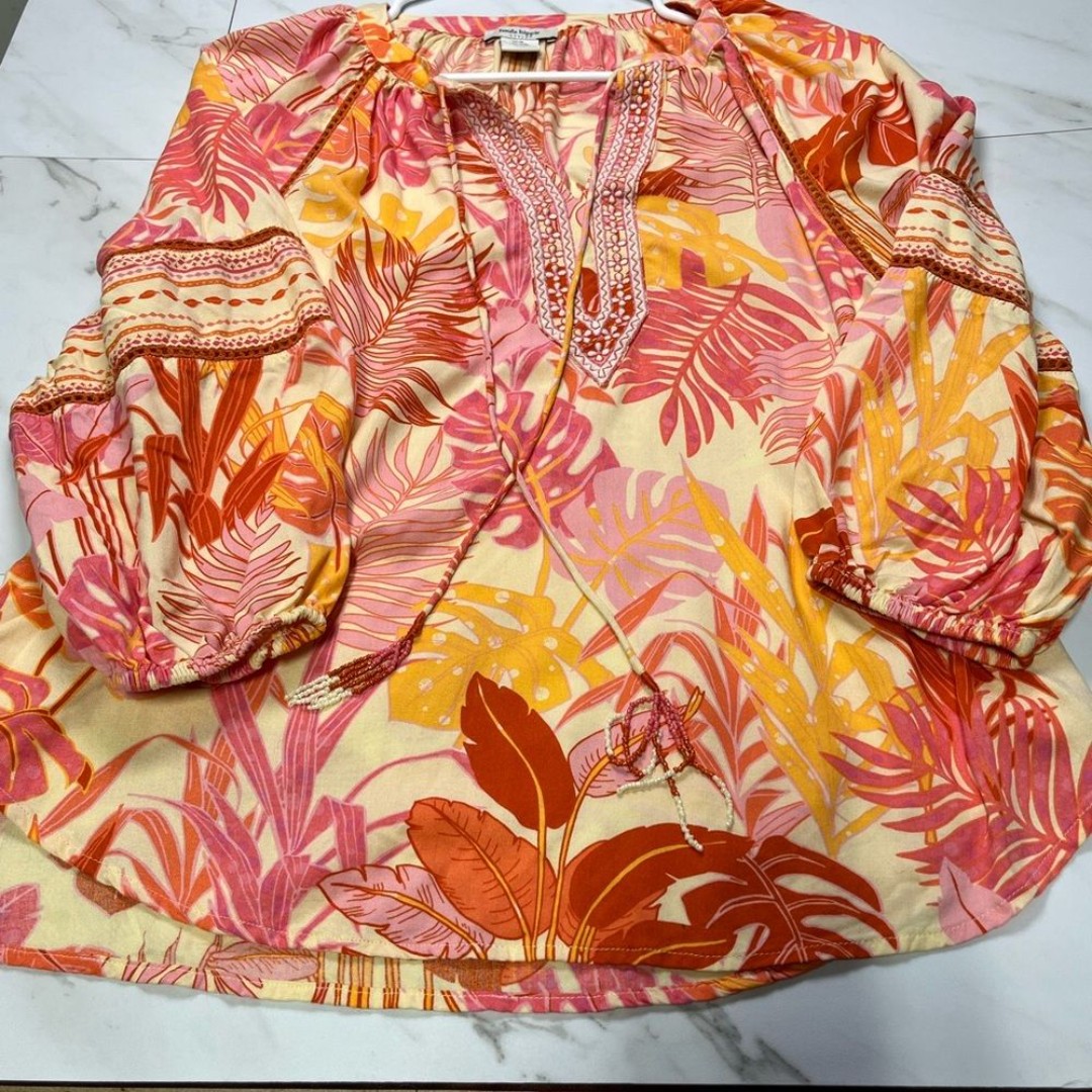 Haute Hippie Orange Pink tropical botanical Tassel Embroidered Boho Blouse M