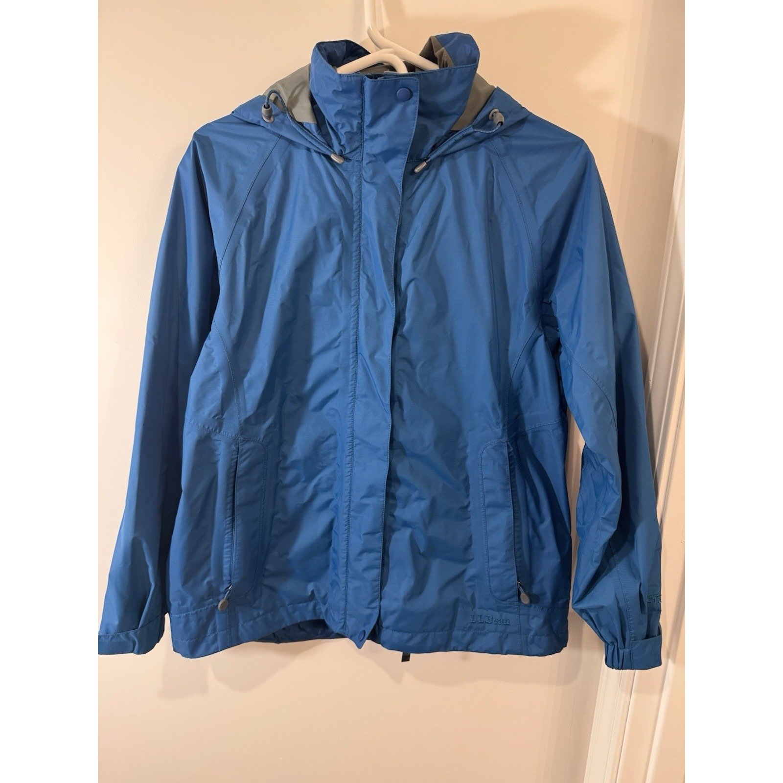 LL Bean Goretex Stowaway Rain Jacket Petite Small Blue Hooded Full Zip