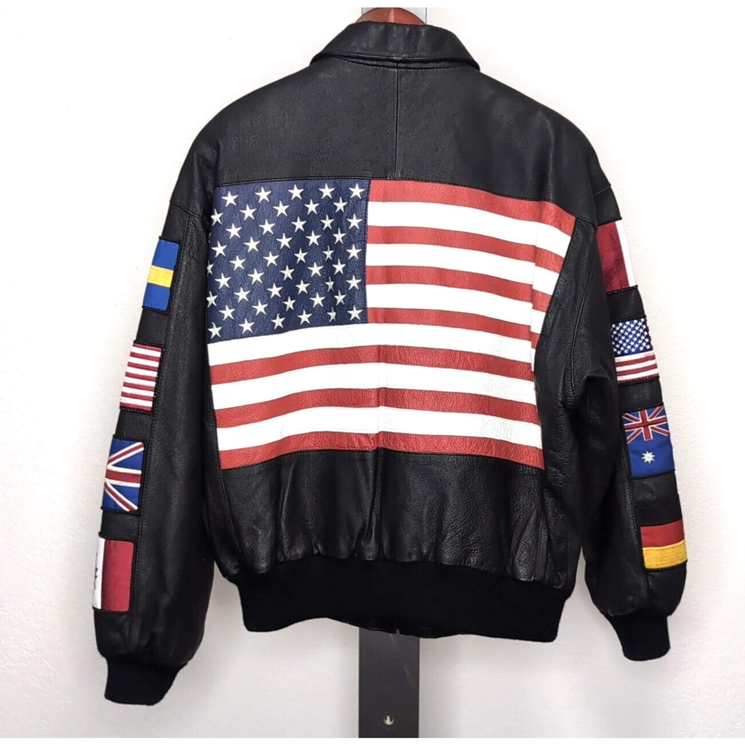 VTG Wilsons Leather Bomber Jacket Men's M Black USA Flag International Flags