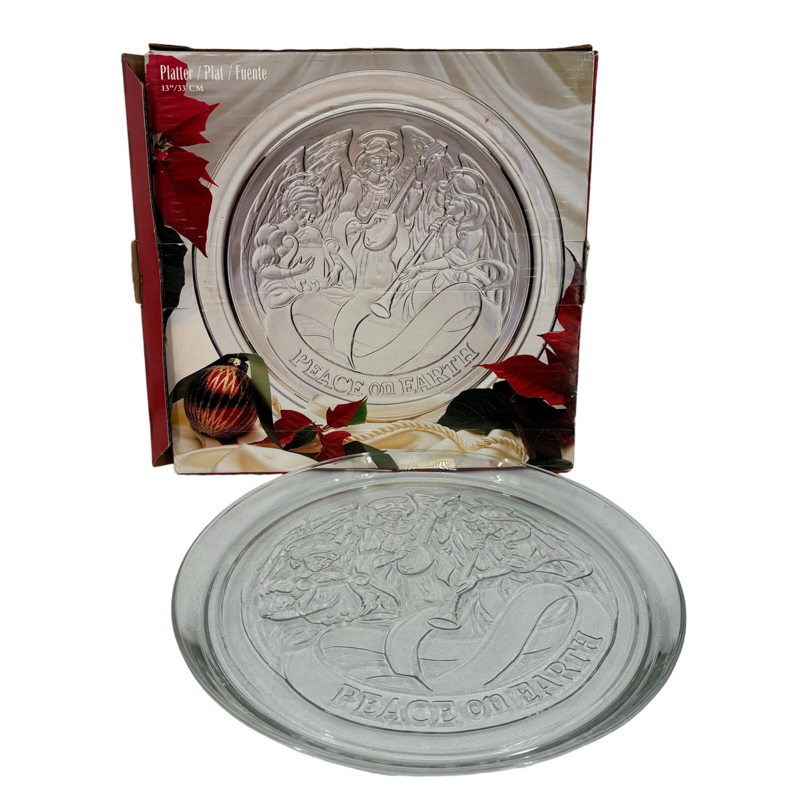 Indiana Glass Christmas Serving Platter Peace On Earth Angels 13 Inch Round