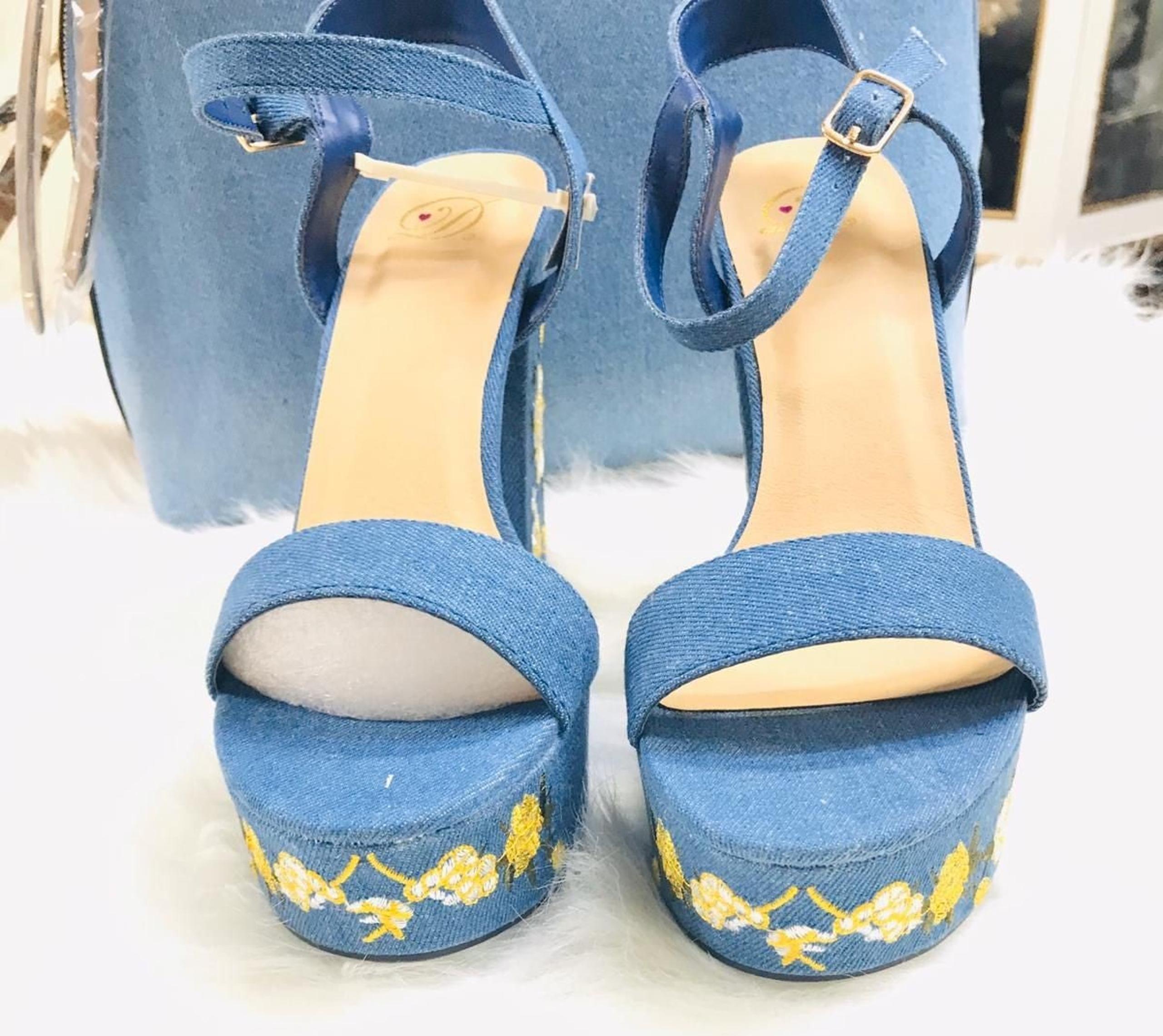 CLEARANCE Faux Denim Gold Floral Embroid