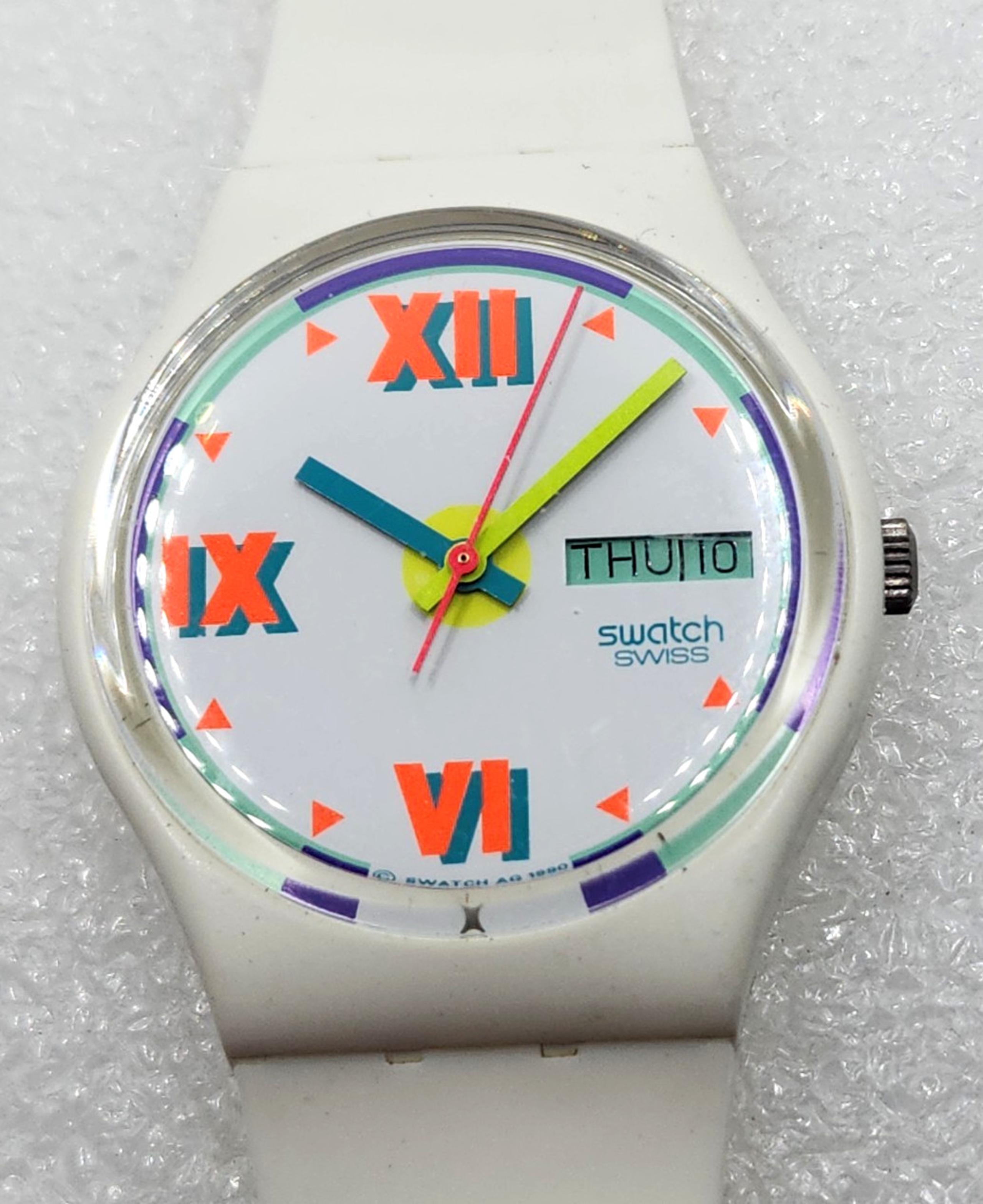 Swatch 34mm VTG Neon 90s 1990 Teal Purple Day Date White Retro Hot Racer Watch