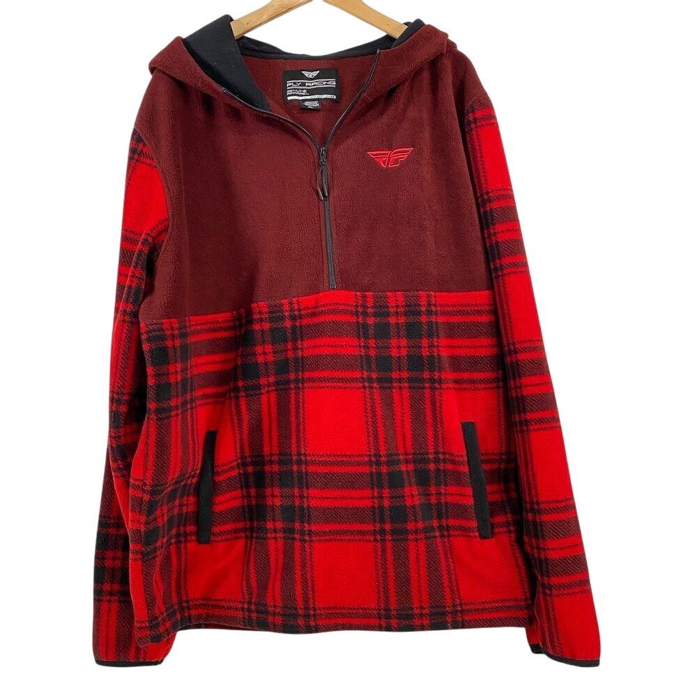 Fly Racing Mens Fox Sports Half Zip Pullover Hoodie sz XL Red Plaid Polar Fleece