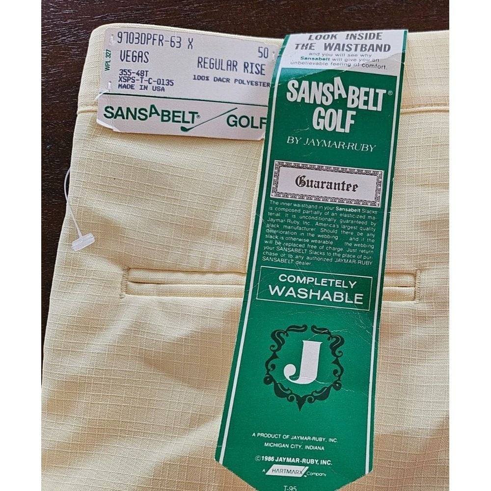 NWTS VINTAGE SANSABELT GOLF DISCO PANTS RETRO SLACKS SZ 50 YELLOW UNHEMMED USA