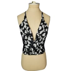 Bardot Crop Top Black White Lined Halter Plunging Vee Size 4