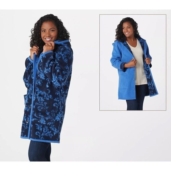 Susan Graver Weekend Reversible Polar Fleece Coat Blue/Baroque X-Large A366176