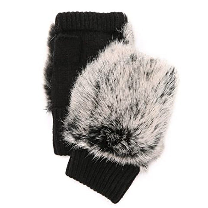 NWT Adrienne Landau Fingerless Wool Real Rabbit Fur Knit Fingerless Black Glove