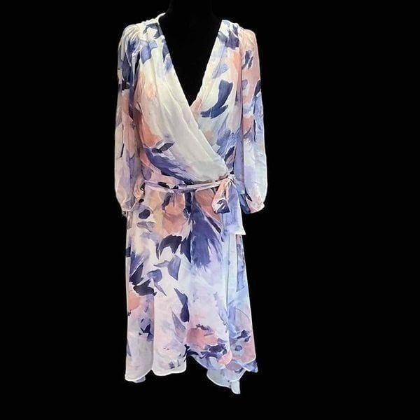 DKNY Womens Rouge Blush Floral Faux Wrap V-Neck Belted Dress Size 16