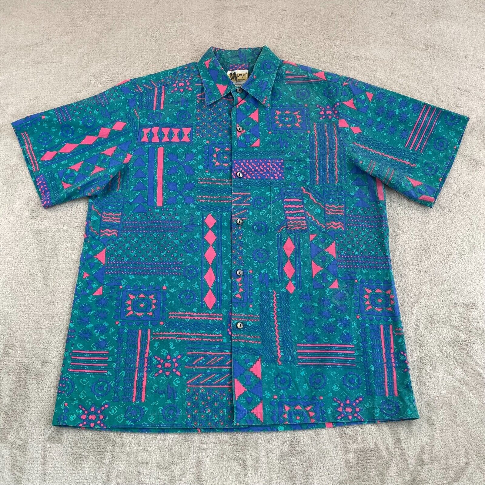 Vintage Mamo Howell Shirt Men Large Multi Geometric Hawaiian Short Sleeve USA