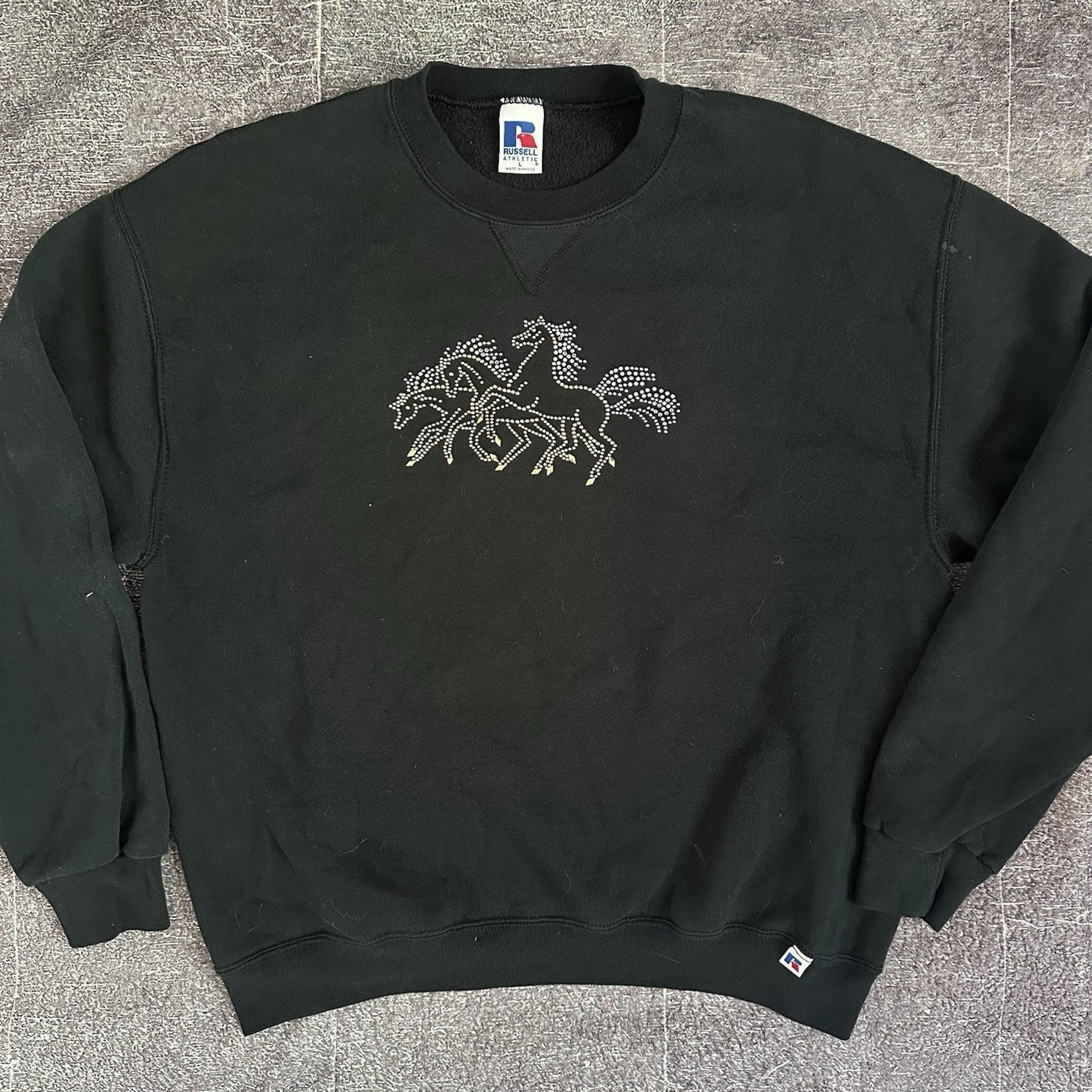 Women's Vintage 90s Russell Athletic Custom Horse Black Crewneck Sweatshirt Sz L