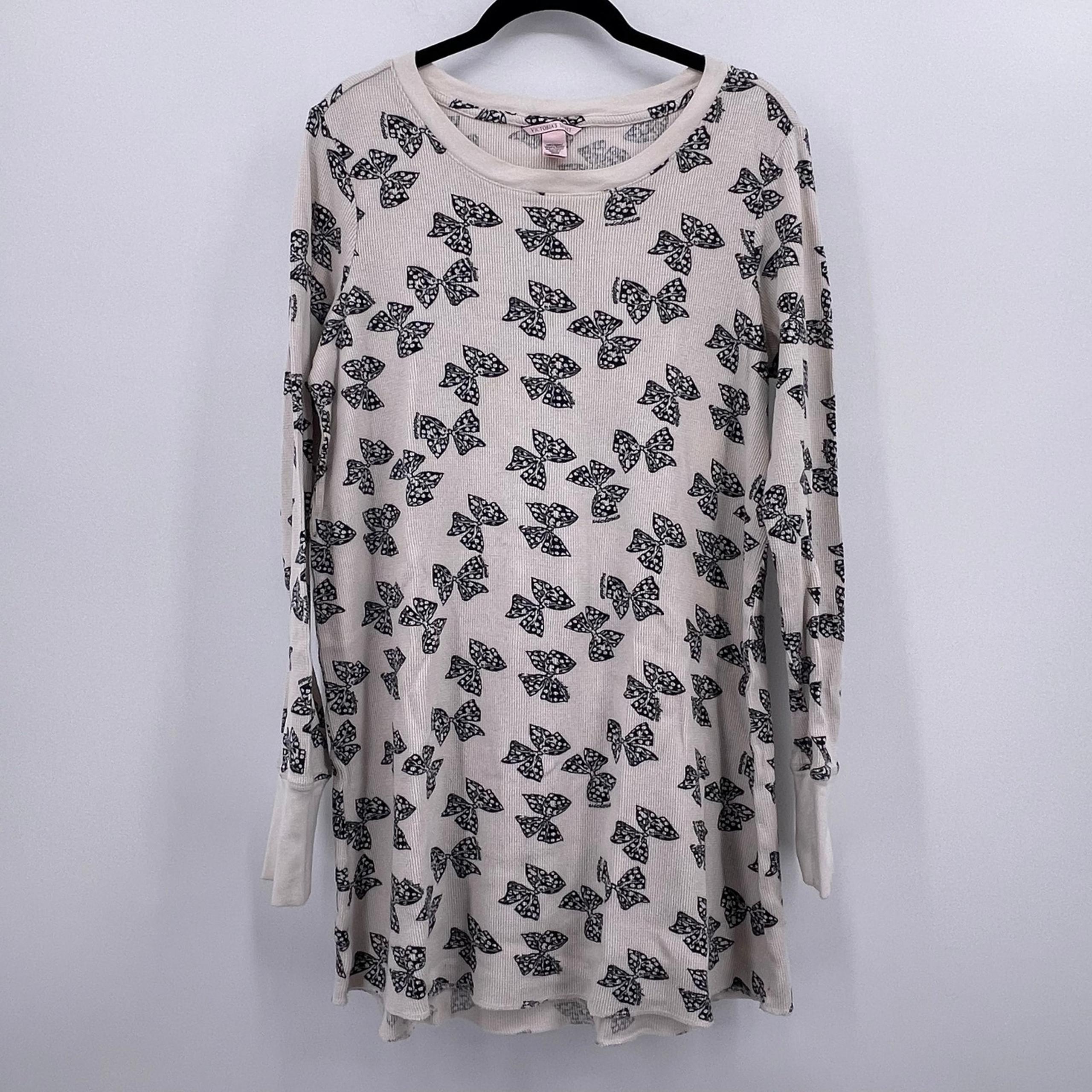 Victorias Secret Sz M Long Sleeve Thermal Sleep Dress Tunic Top Bow Pattern